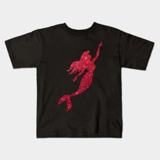 Red Faux Glitter Mermaid Silhouette Kids T-Shirt